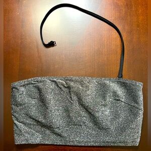 NWOT Victoria’s Secret Black Glitter Bandue Top w/removable halter strap Sz S